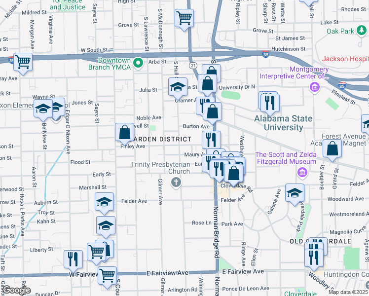 map of restaurants, bars, coffee shops, grocery stores, and more near 408 Finley Avenue in Montgomery