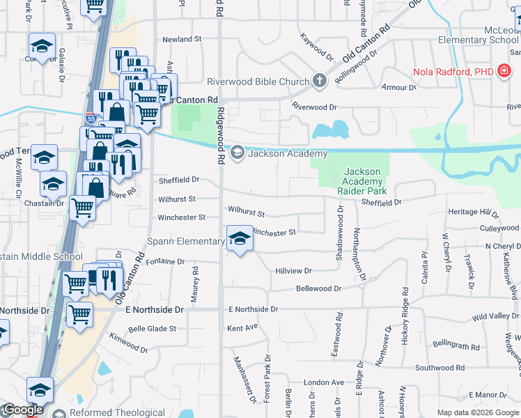 map of restaurants, bars, coffee shops, grocery stores, and more near 1638 Wilhurst Street in Jackson