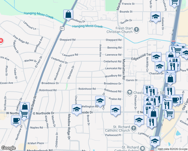 map of restaurants, bars, coffee shops, grocery stores, and more near 610 Woodbury Road in Jackson
