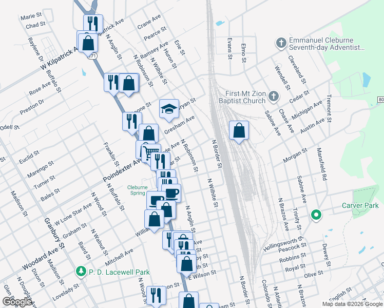 map of restaurants, bars, coffee shops, grocery stores, and more near 908 North Robinson Street in Cleburne