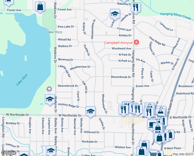 map of restaurants, bars, coffee shops, grocery stores, and more near 4138 Azalea Drive in Jackson
