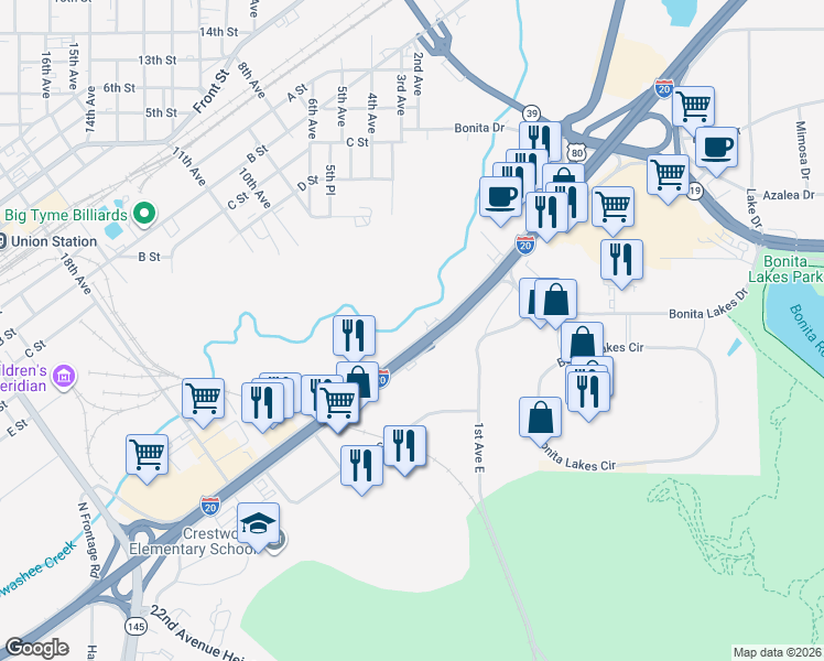 map of restaurants, bars, coffee shops, grocery stores, and more near 900 North Frontage Road in Meridian