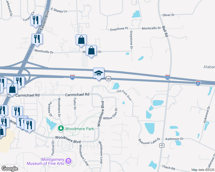 map of restaurants, bars, coffee shops, grocery stores, and more near 1325 Old Park Row in Montgomery