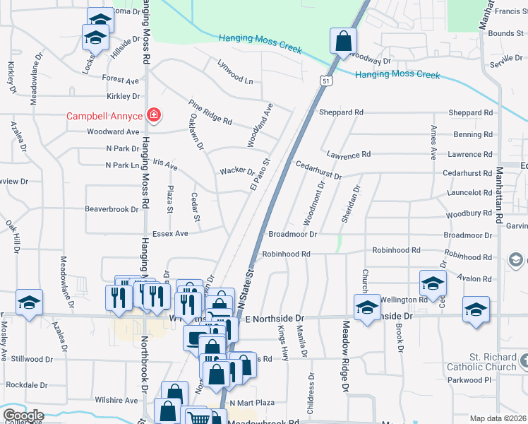 map of restaurants, bars, coffee shops, grocery stores, and more near 4821 North State Street in Jackson