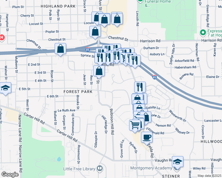 map of restaurants, bars, coffee shops, grocery stores, and more near 1609 Sheffield Road in Montgomery