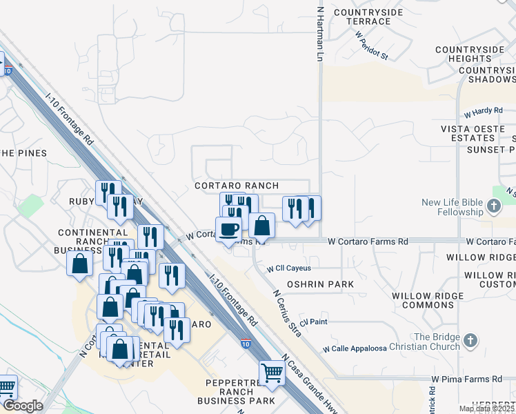 map of restaurants, bars, coffee shops, grocery stores, and more near 8447 North Acre Drive in Tucson