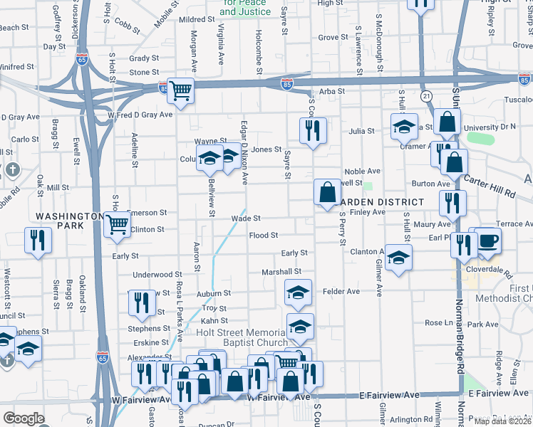 map of restaurants, bars, coffee shops, grocery stores, and more near 138 Wade Street in Montgomery