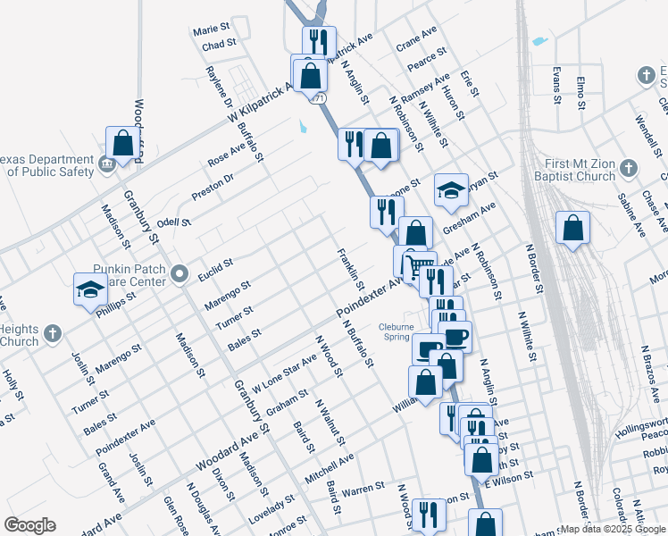 map of restaurants, bars, coffee shops, grocery stores, and more near 209 Turner St in Cleburne