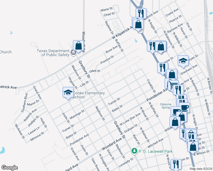 map of restaurants, bars, coffee shops, grocery stores, and more near 526 Euclid Street in Cleburne