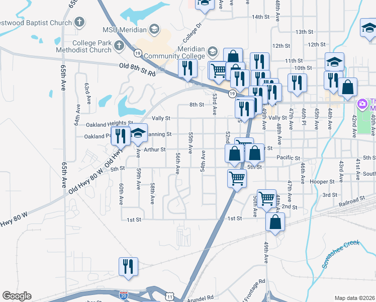 map of restaurants, bars, coffee shops, grocery stores, and more near 529 55th Avenue in Meridian