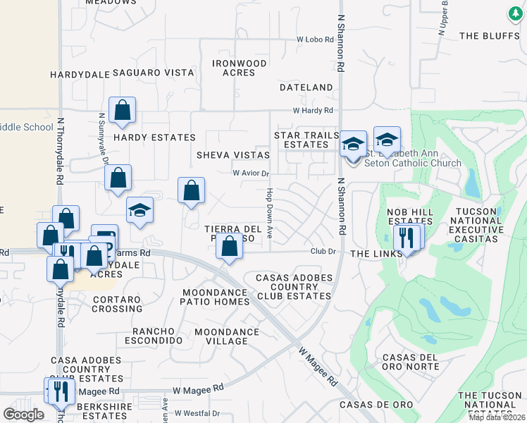 map of restaurants, bars, coffee shops, grocery stores, and more near 8525 North Hopdown Avenue in Tucson