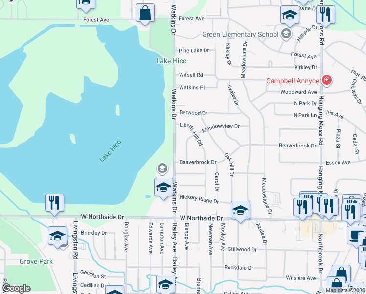 map of restaurants, bars, coffee shops, grocery stores, and more near 723 Meadowview Dr in Jackson