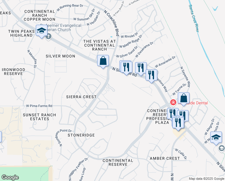 map of restaurants, bars, coffee shops, grocery stores, and more near 8500 North Continental Reserve Loop in Tucson