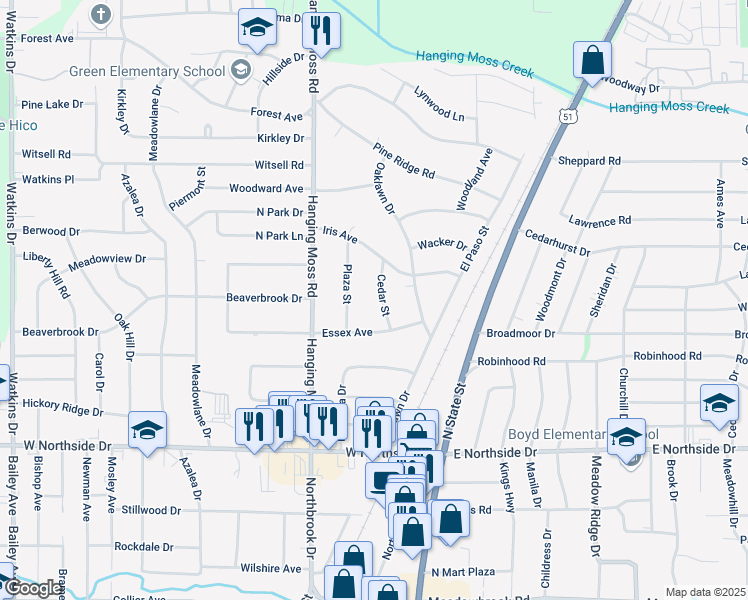 map of restaurants, bars, coffee shops, grocery stores, and more near 4123 Cedar Street in Jackson