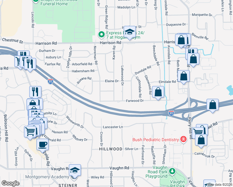 map of restaurants, bars, coffee shops, grocery stores, and more near 1220 Karen Road in Montgomery
