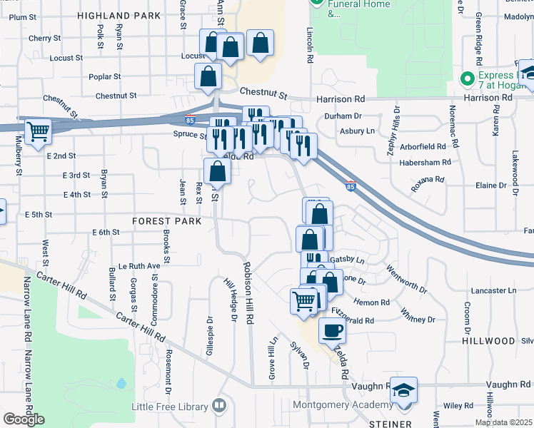 map of restaurants, bars, coffee shops, grocery stores, and more near 2621 Green Oaks Drive in Montgomery