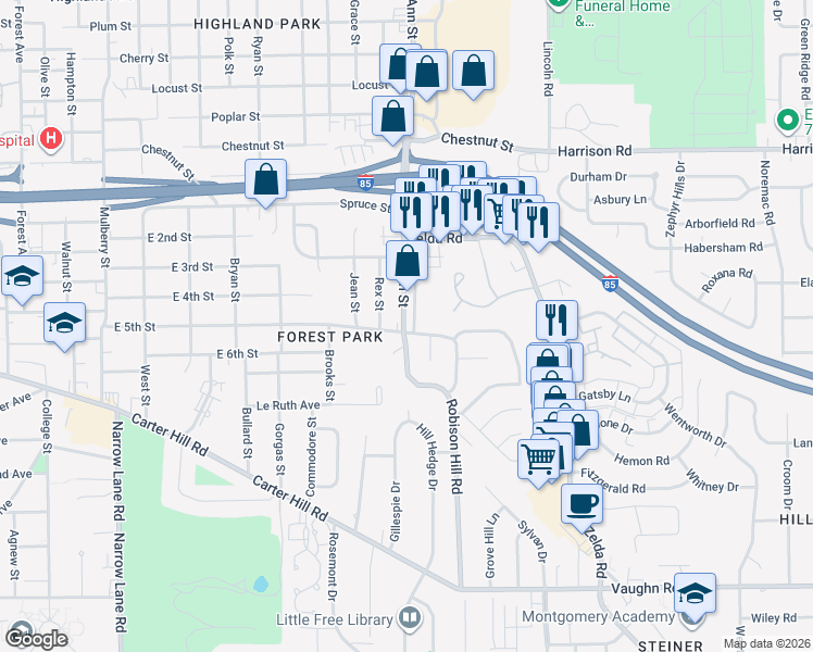 map of restaurants, bars, coffee shops, grocery stores, and more near 2603 East 5th Street in Montgomery