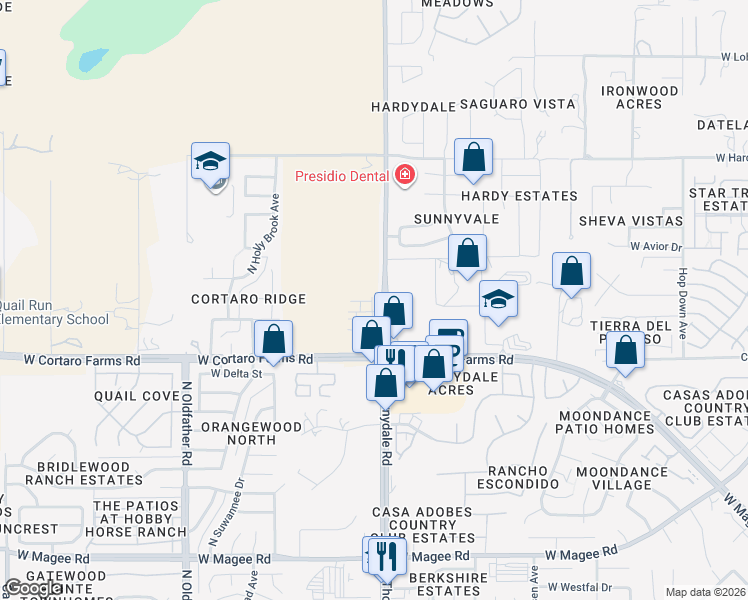 map of restaurants, bars, coffee shops, grocery stores, and more near 8505 North Thornydale Road in Tucson
