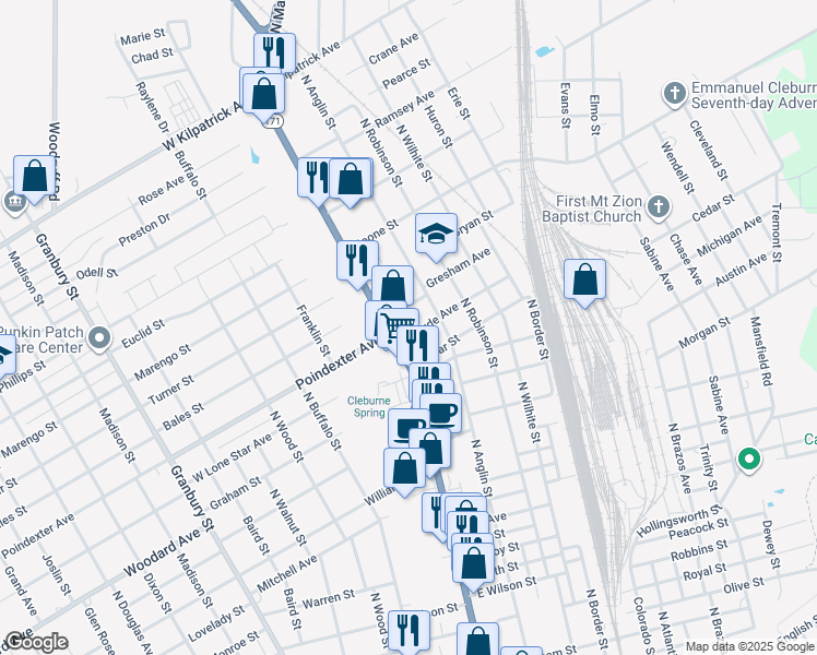 map of restaurants, bars, coffee shops, grocery stores, and more near 109 Claude Avenue in Cleburne
