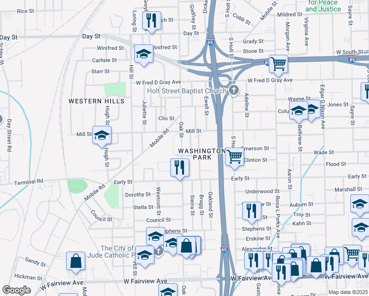 map of restaurants, bars, coffee shops, grocery stores, and more near 1147 Oak Street in Montgomery