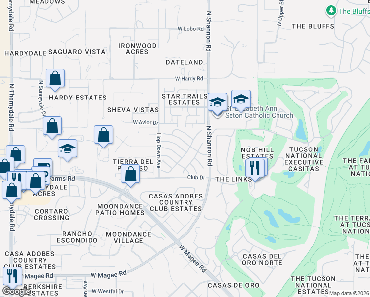map of restaurants, bars, coffee shops, grocery stores, and more near 8506 North Winchester Creek Drive in Tucson