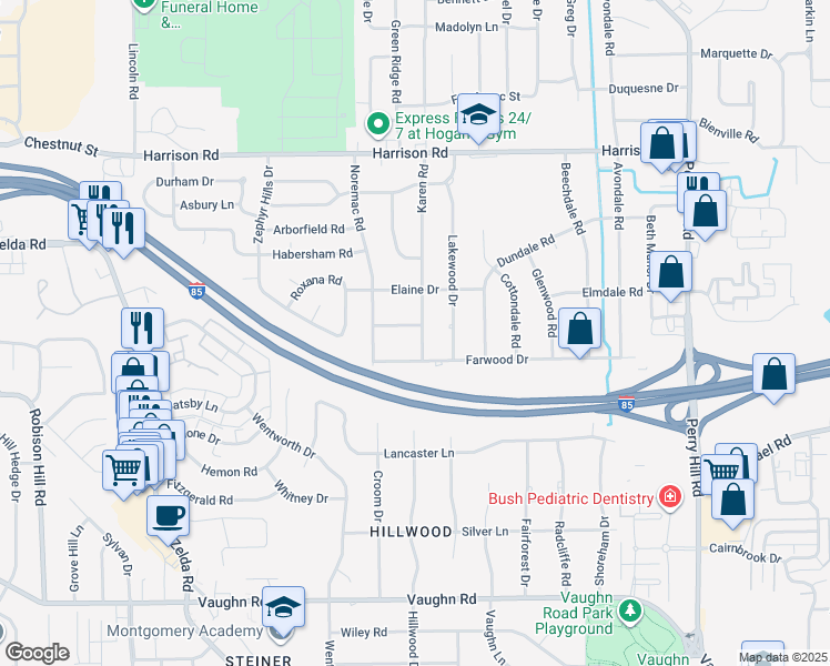 map of restaurants, bars, coffee shops, grocery stores, and more near 1220 Karen Road in Montgomery