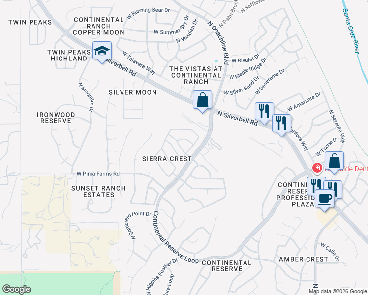 map of restaurants, bars, coffee shops, grocery stores, and more near 7552 West Siesta Rock Drive in Tucson