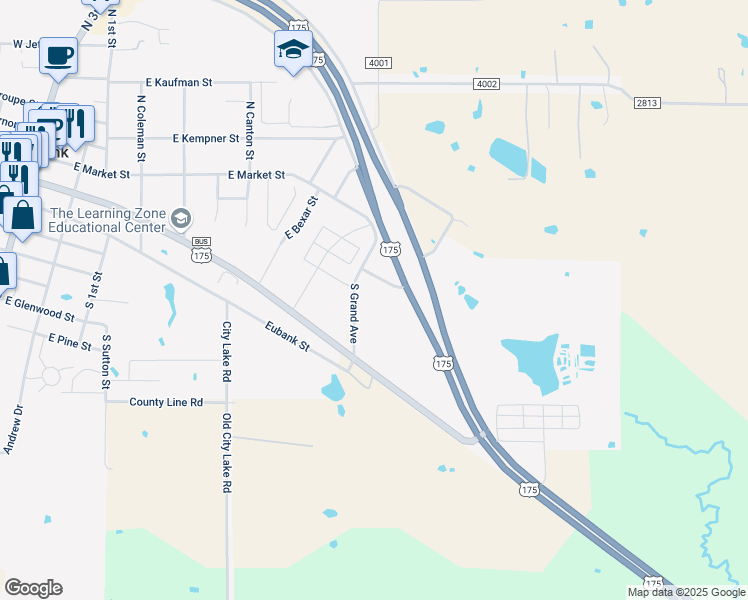 map of restaurants, bars, coffee shops, grocery stores, and more near 209 South Grand Avenue in Mabank