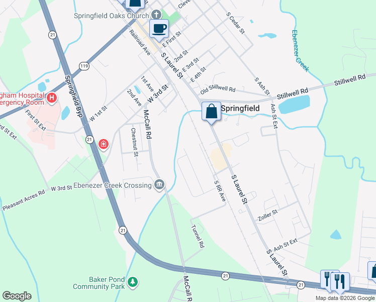 map of restaurants, bars, coffee shops, grocery stores, and more near 806 South Railroad Avenue in Springfield