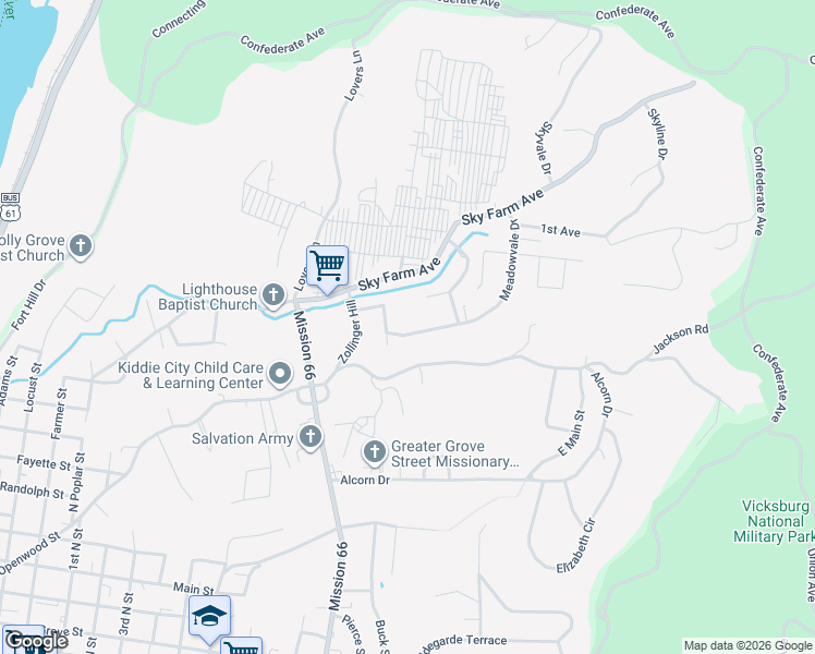map of restaurants, bars, coffee shops, grocery stores, and more near 314 Meadowvale Drive in Vicksburg