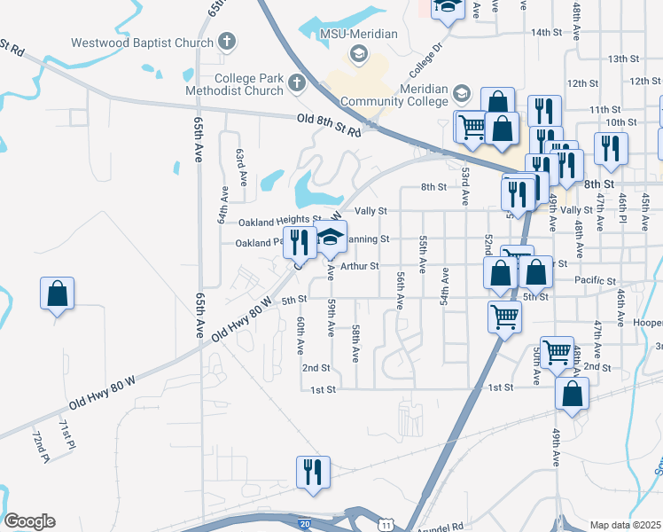 map of restaurants, bars, coffee shops, grocery stores, and more near 601 59th Avenue in Meridian