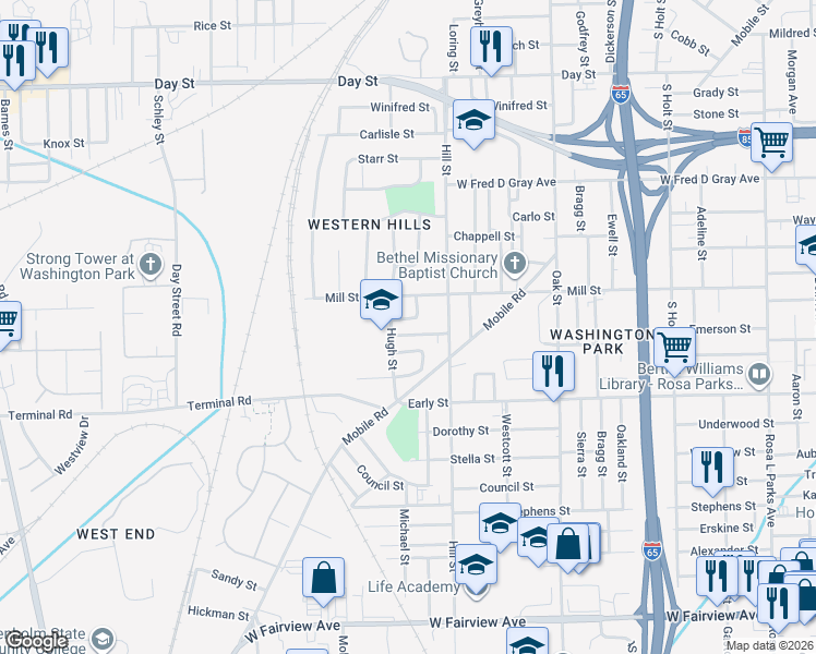 map of restaurants, bars, coffee shops, grocery stores, and more near 2340 Dillard Street in Montgomery