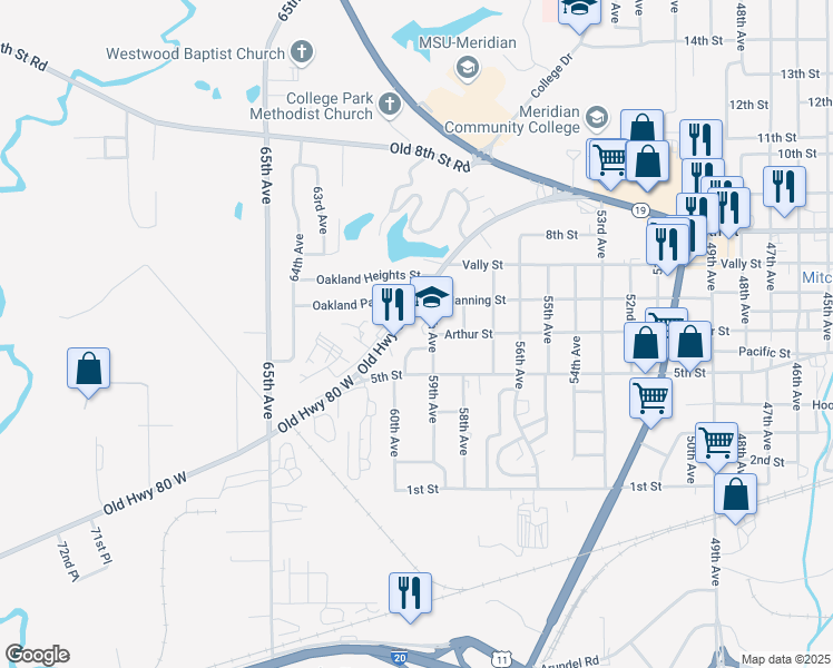 map of restaurants, bars, coffee shops, grocery stores, and more near 601 59th Avenue in Meridian
