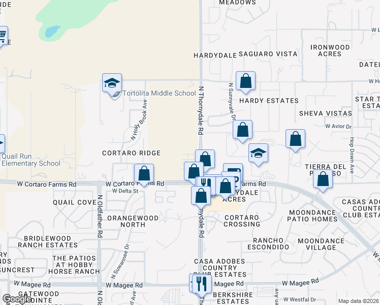 map of restaurants, bars, coffee shops, grocery stores, and more near 8505 North Thornydale Road in Tucson