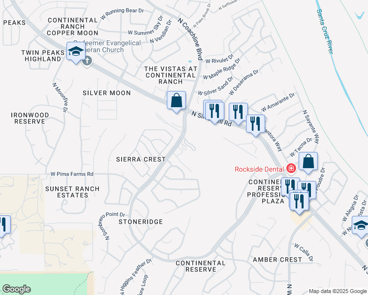 map of restaurants, bars, coffee shops, grocery stores, and more near 8500 N Continental Reserve Loop in Tucson