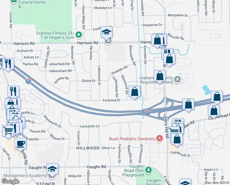 map of restaurants, bars, coffee shops, grocery stores, and more near 3414 Dundale Road in Montgomery