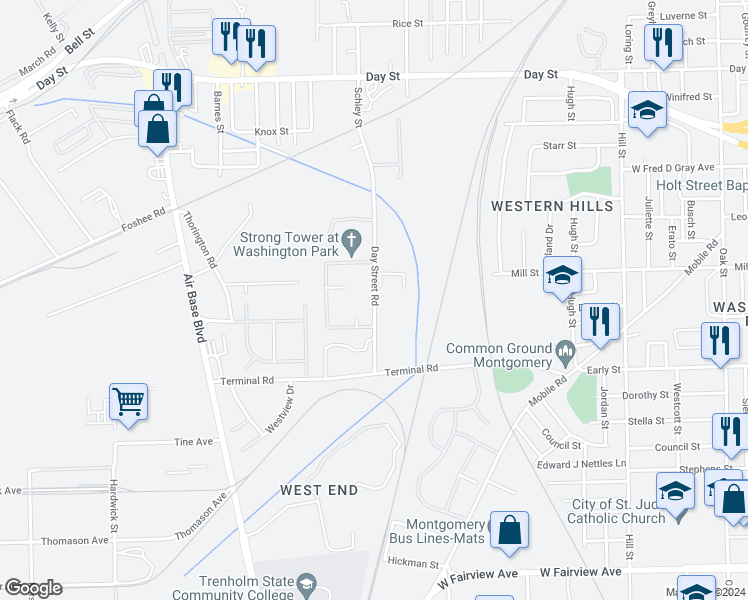 map of restaurants, bars, coffee shops, grocery stores, and more near 1011 Day Street Rd in Montgomery
