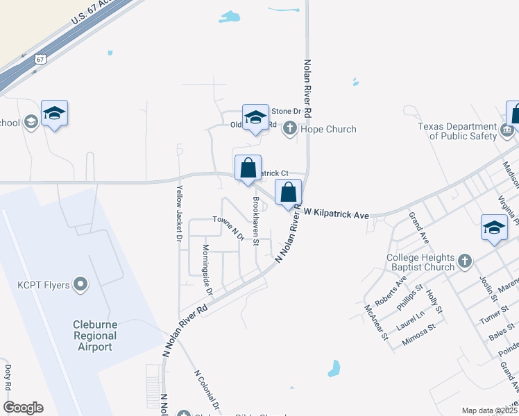 map of restaurants, bars, coffee shops, grocery stores, and more near 1808 Brookhaven Street in Cleburne