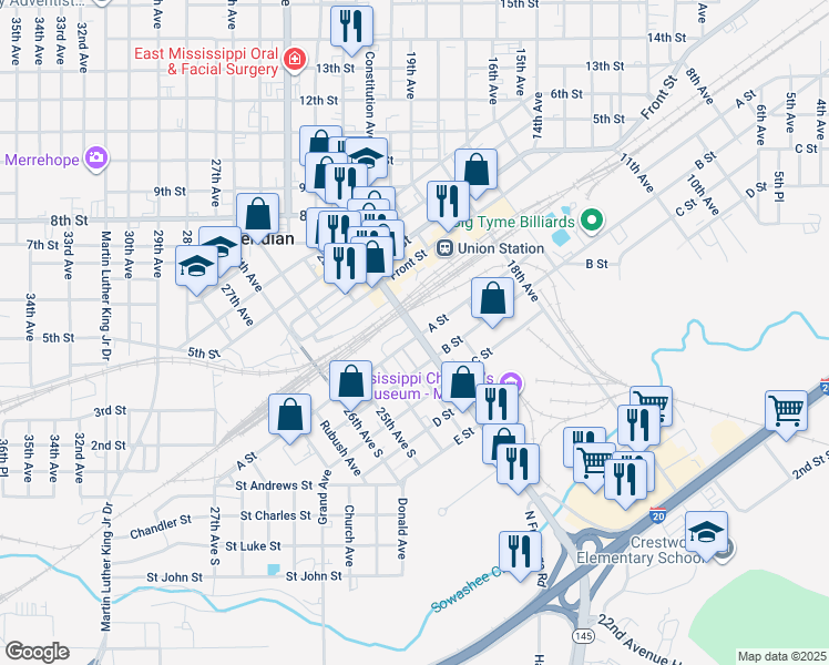 map of restaurants, bars, coffee shops, grocery stores, and more near 20 22nd Avenue in Meridian
