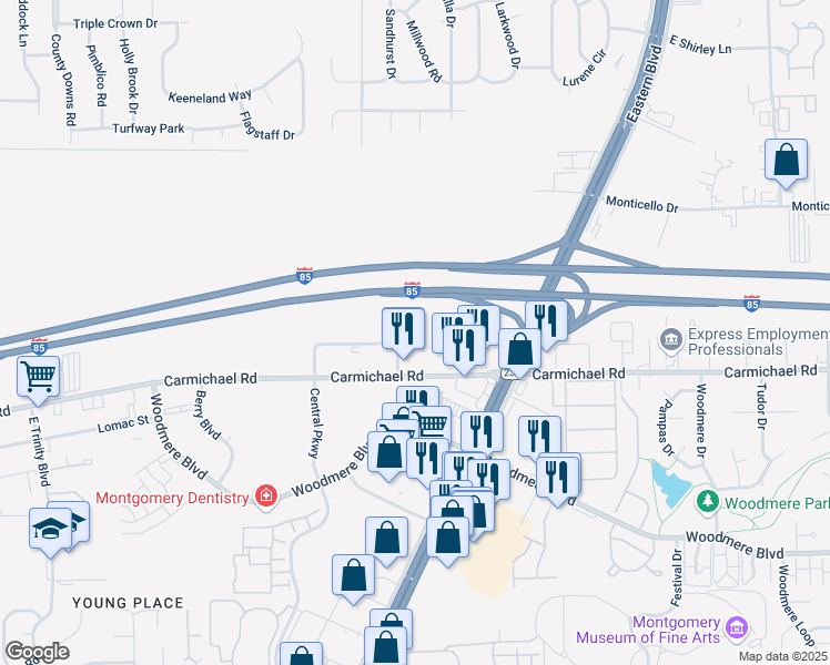 map of restaurants, bars, coffee shops, grocery stores, and more near 5047 Carmichael Road in Montgomery