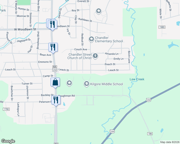 map of restaurants, bars, coffee shops, grocery stores, and more near 1404 Leach Street in Kilgore