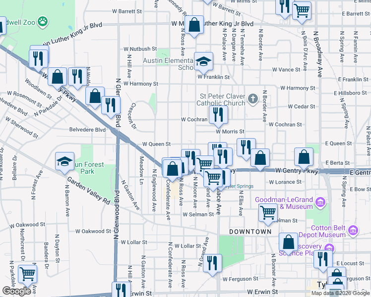 map of restaurants, bars, coffee shops, grocery stores, and more near 1121 North Ross Avenue in Tyler
