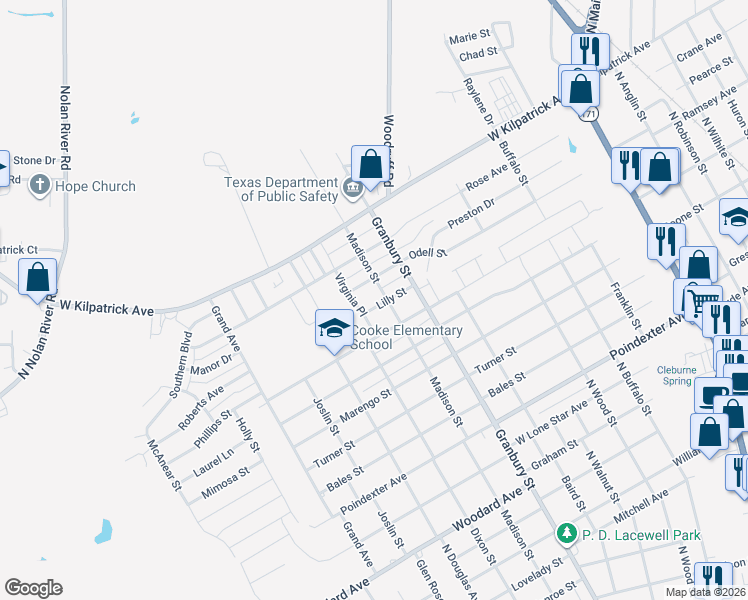map of restaurants, bars, coffee shops, grocery stores, and more near 708 Lilly Street in Cleburne