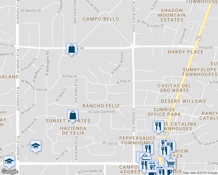 map of restaurants, bars, coffee shops, grocery stores, and more near 783 West Pine Street in Tucson