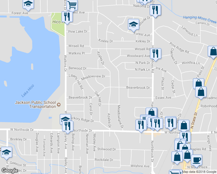 map of restaurants, bars, coffee shops, grocery stores, and more near 501 Beaverbrook Drive in Jackson