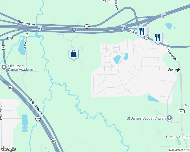 map of restaurants, bars, coffee shops, grocery stores, and more near Slate Court in Pike Road