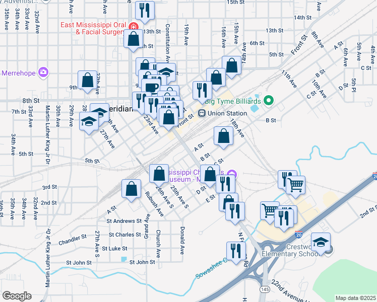 map of restaurants, bars, coffee shops, grocery stores, and more near 20 22nd Avenue in Meridian