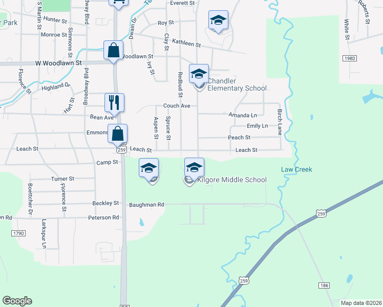 map of restaurants, bars, coffee shops, grocery stores, and more near 1404 Leach Street in Kilgore