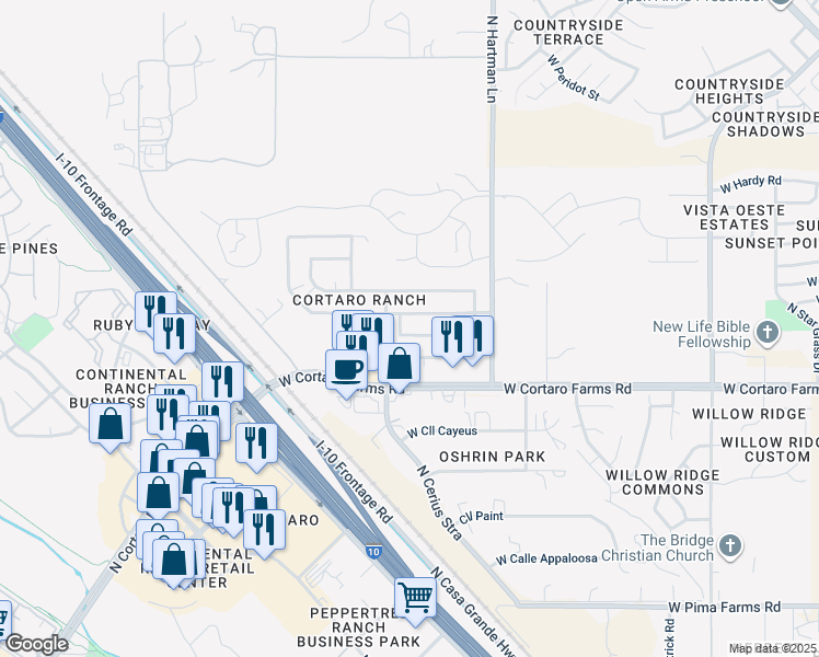 map of restaurants, bars, coffee shops, grocery stores, and more near 8447 North Acre Drive in Tucson