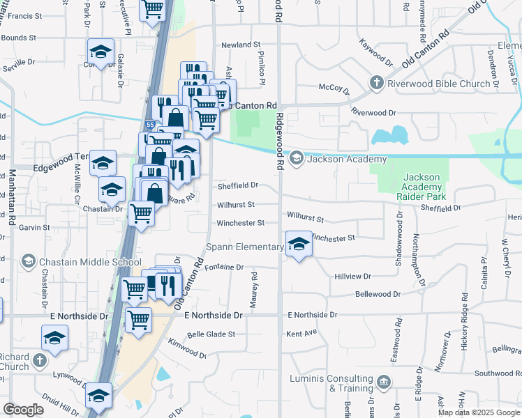 map of restaurants, bars, coffee shops, grocery stores, and more near 1536 Winchester Street in Jackson